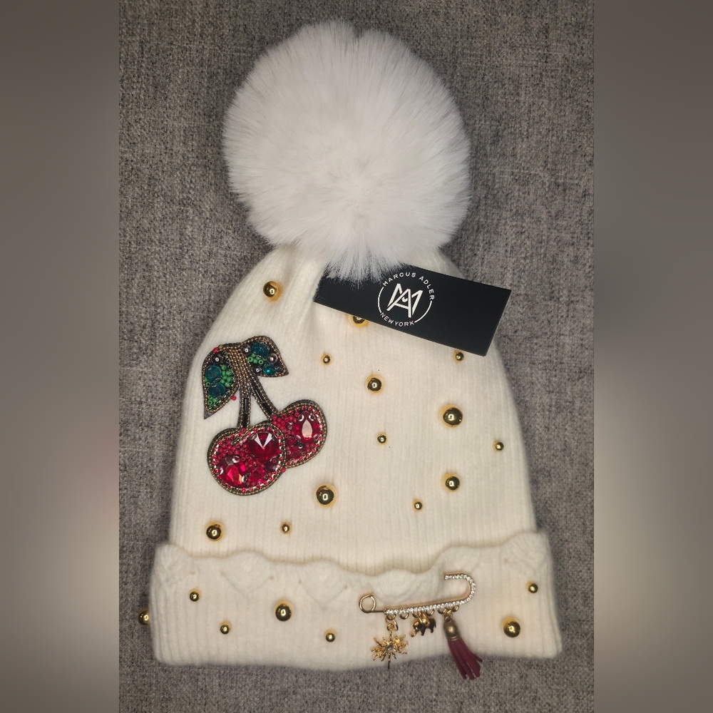 New Elegant White Beanie with Cherry Embellishments